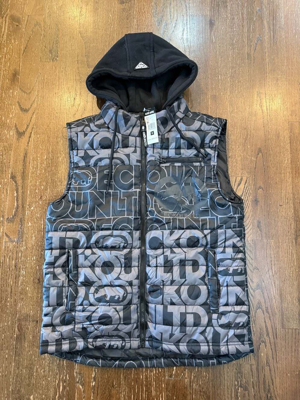 Ecko Unltd. Mens All-Over Print Logo Puffer Vest with Hood Size S